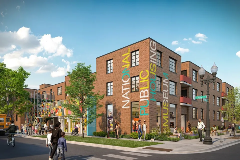 Rendering of National Public Housing Museum in brick building in Chicago, Illinois.